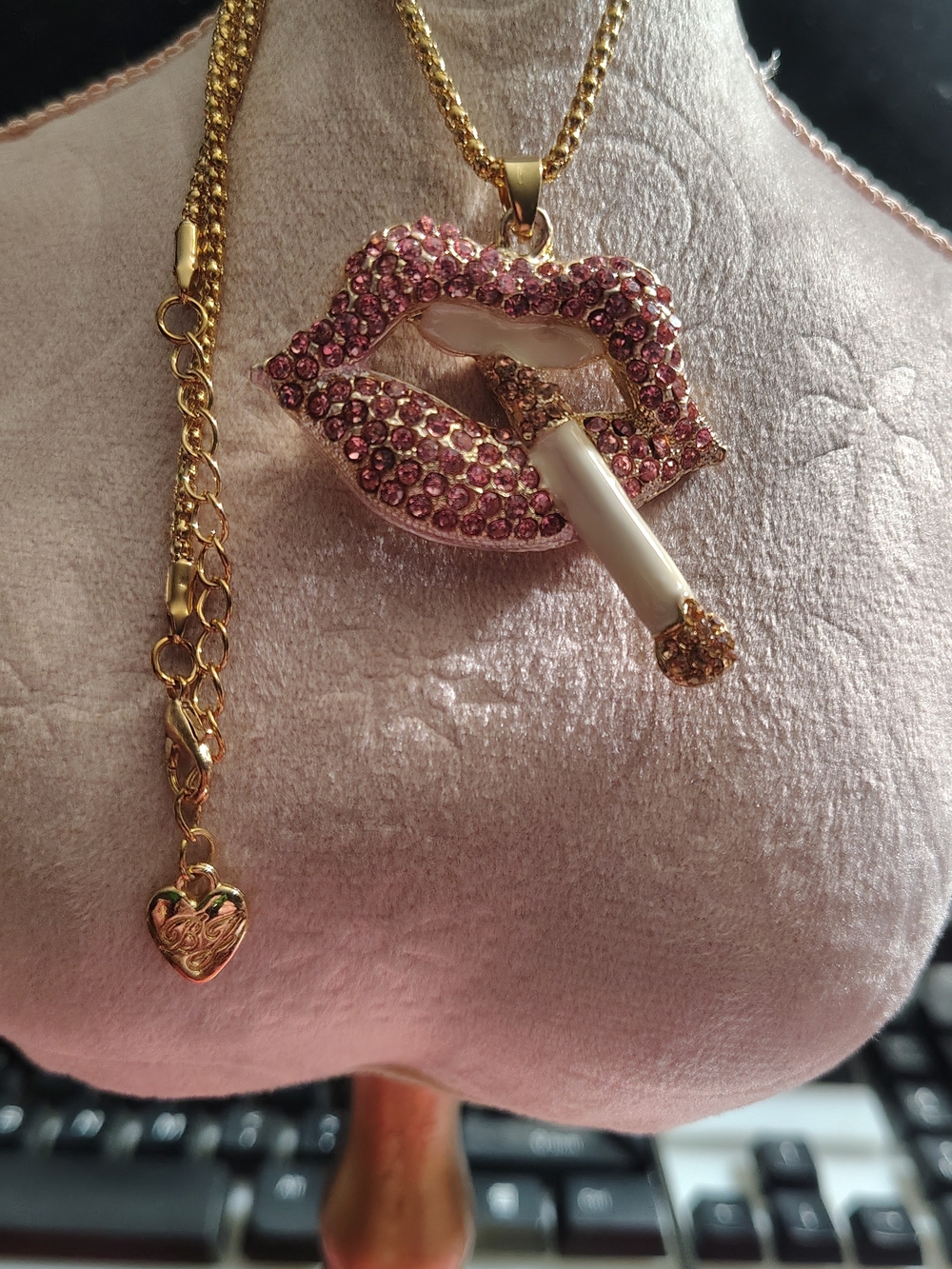 Betsey Johnson Pink Crystal Lip & Cigarette Pendant Necklace